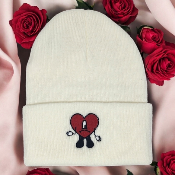 Embroidered Bad Bunny Heart in Pink or White Knit Beanie - Picture 3 of 6